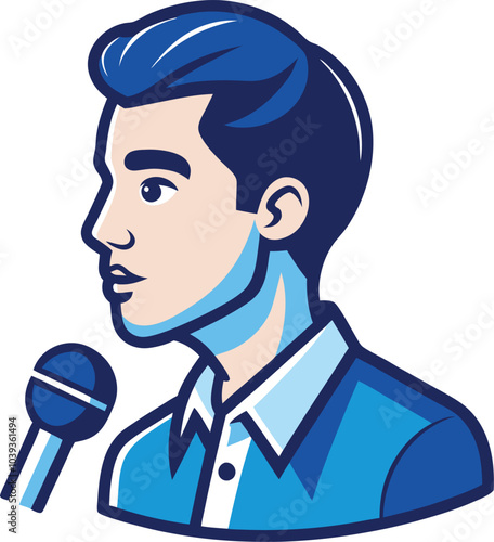 Man Speaking into Microphone: A stylized illustration of a young man with a microphone, captured in a moment of communication and expression.