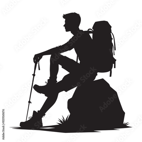 Silhouette of a hiker sitting on a rock with a backpack and trekking pole.