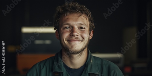 Cheerful Young Man in Work Attire Smiling in a Workshop Setting photo