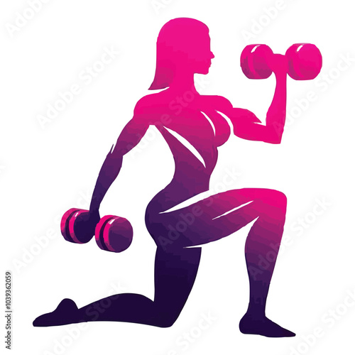 stylized silhouette of a strong woman lifting pink dumbbells photo