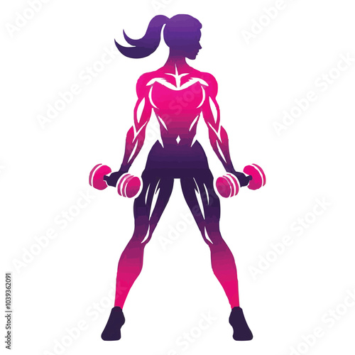 stylized silhouette of a strong woman lifting pink dumbbells