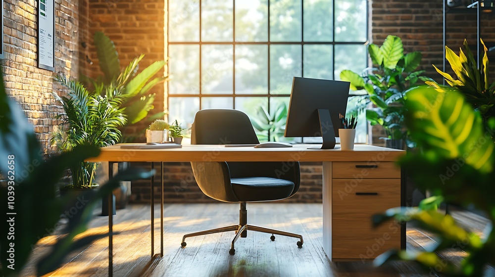 A stylish office setup with a modern desk, a plush chair, and greenery visible through a window, all enhanced by bright sunlight