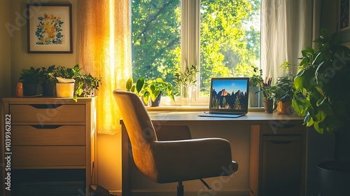 A tranquil office corner with a light wood desk, a plush chair, and plants adorning the windowsill, illuminated by the morning sun photo