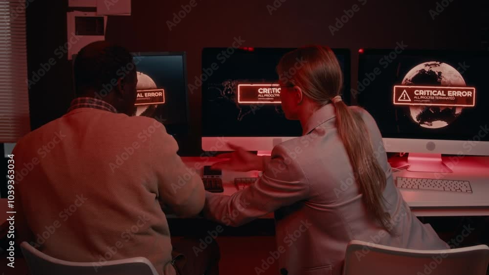Medium rear shot of multiethnic male and female IT security specialists arguing and frantically typing commands on keyboards while trying to defend breached corporate system from hacking attack