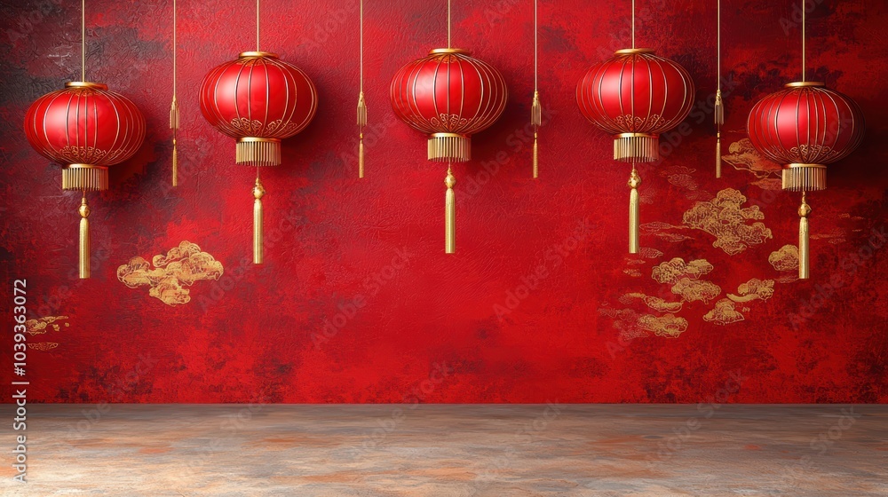 A vibrant display of red lanterns hanging against a rich red wall, embellished with golden motifs, evoking a festive and cultural atmosphere. A vibrant display of red lanterns hanging against a rich red wall, embellished with golden motifs, evoking a festive and cultural atmosphere.