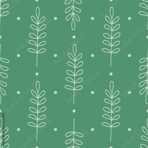 Seamless pattern with polka dot leaves on a tight green background. Botanical pattern