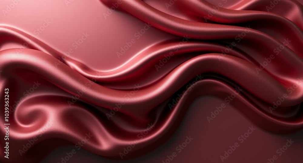 Fototapeta premium A burgundy aluminum backdrop with smooth, flowing folds. Cream and titanium details, chrome plating, and shimmering chiffon textures create a detailed oil-draped scene.