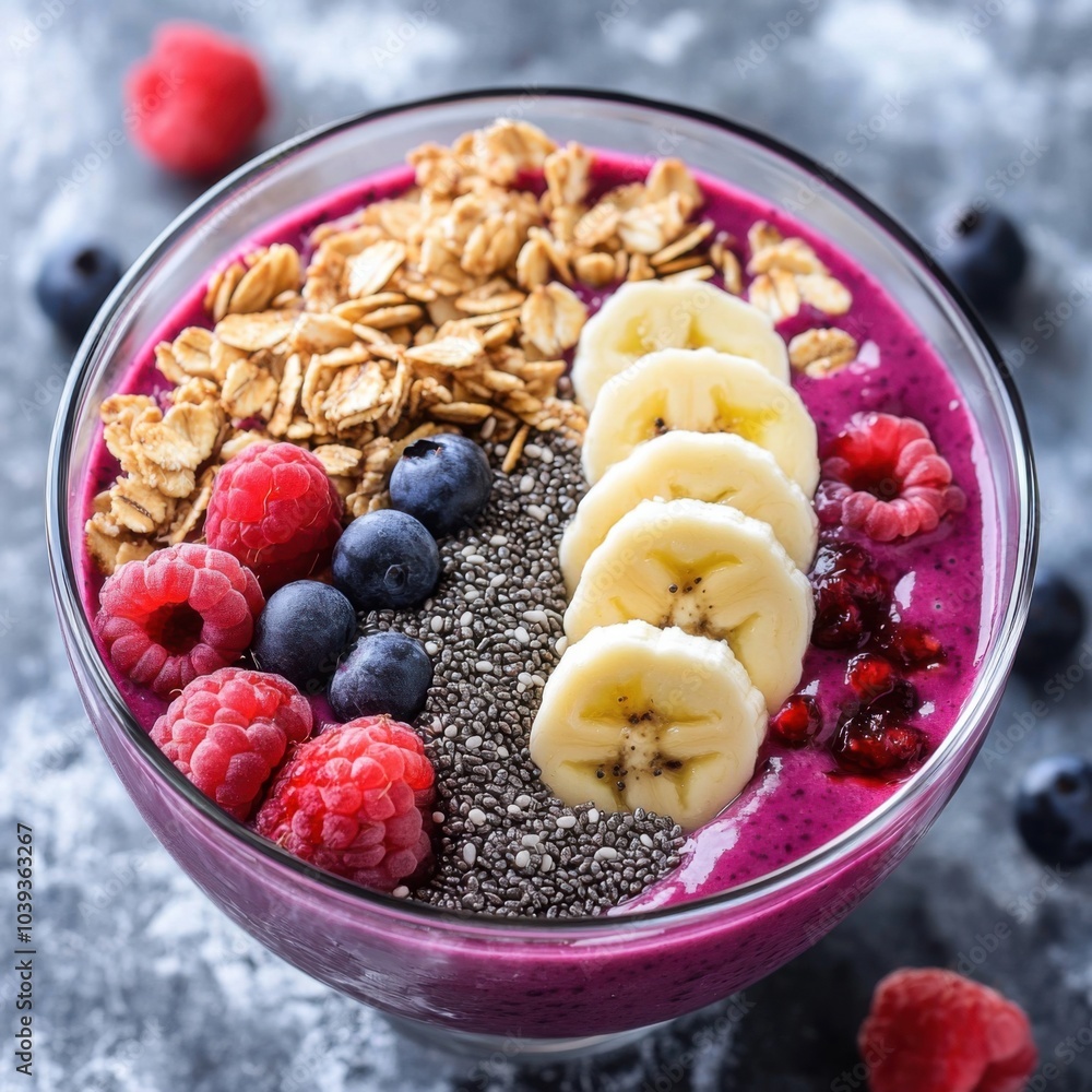 A vibrant smoothie bowl with toppings of granola, sliced banana, and chia seeds A vibrant smoothie bowl with toppings of granola, sliced banana, and chia seeds