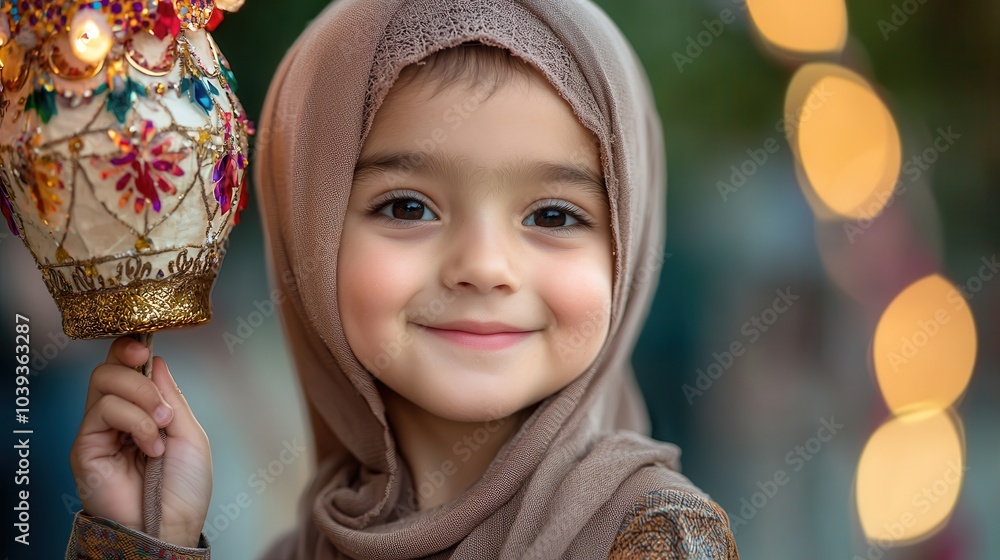 Smiling girl in hijab holding a lantern, decorated background with soft bokeh lights. Smiling girl in hijab holding a lantern, decorated background with soft bokeh lights.