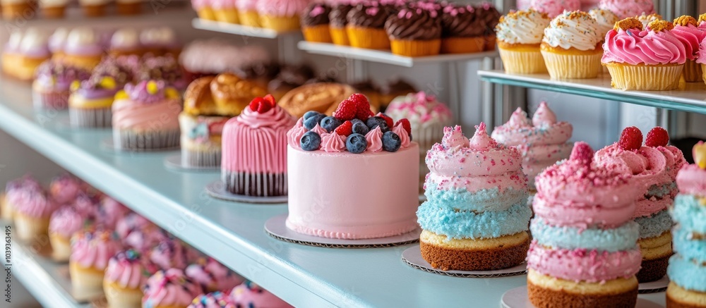 A variety of colorful cupcakes and cakes are displayed on shelves in a bakery. A variety of colorful cupcakes and cakes are displayed on shelves in a bakery.