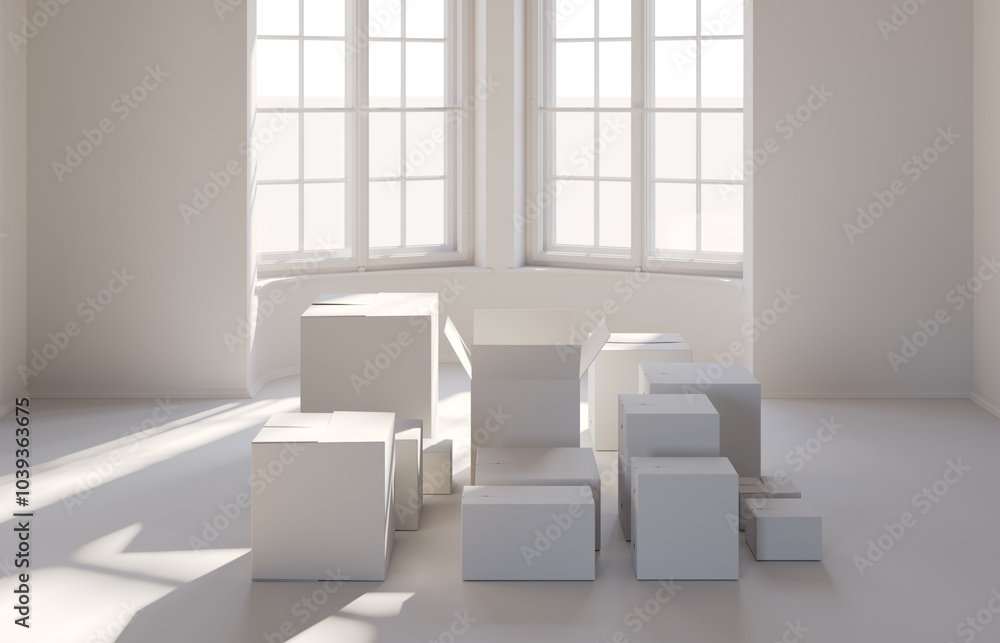 Cardboard boxes in an empty luxury apartment. Modern interior. Moving concept. 3D rendering. Cardboard boxes in an empty luxury apartment. Modern interior. Moving concept. 3D rendering.