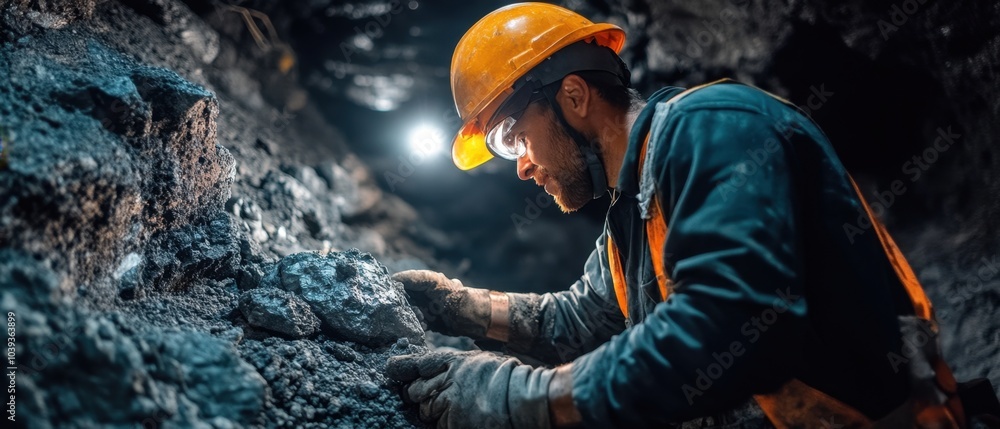 Miner Chiseling Rock in Narrow Tunnel Miner Chiseling Rock in Narrow Tunnel