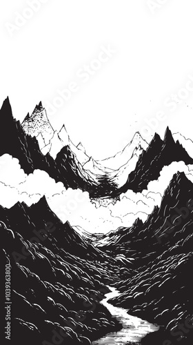 A valley with distant mountains. silhouette illustration