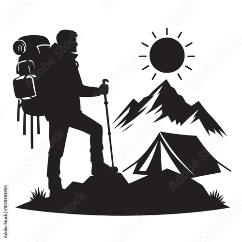 Silhouette of a hiker with a backpack, walking stick and a tent in front of a mountain range with the sun shining.