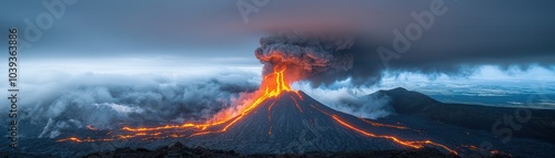 Active volcano erupting with lava against a dramatic cloudy sky.