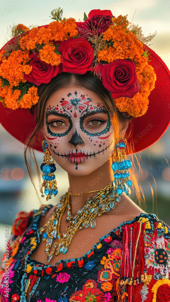 A striking image of a Catrina wearing orange marigolds and a black hat blend tradition and modern fashion A striking image of a Catrina wearing orange marigolds and a black hat blend tradition and modern fashion