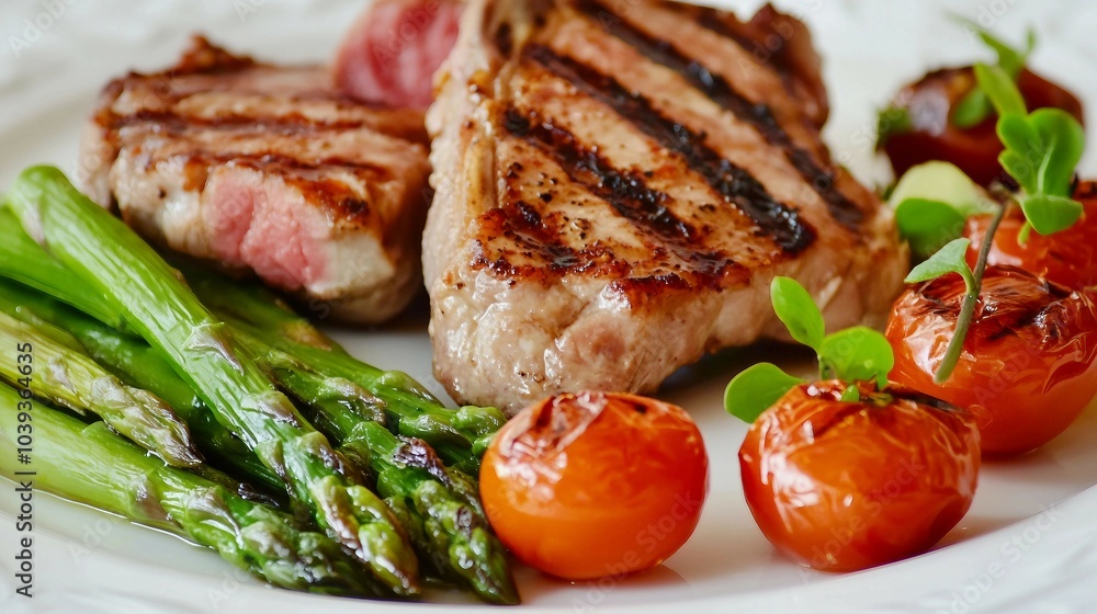 Grilled Steak, Asparagus, and Tomatoes on a White Plate Grilled Steak, Asparagus, and Tomatoes on a White Plate