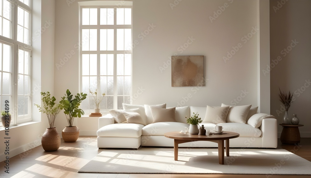 A cozy living room with a large, plush white sofa, several decorative pillows, and a wooden coffee table. A cozy living room with a large, plush white sofa, several decorative pillows, and a wooden coffee table.