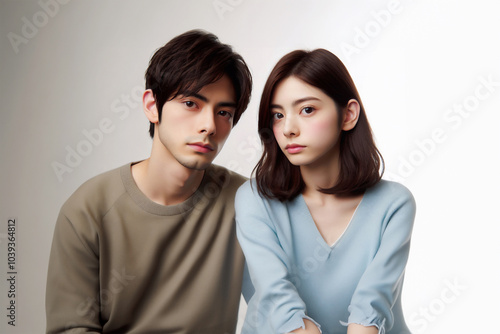 カメラ目線で横に並んで映る男女