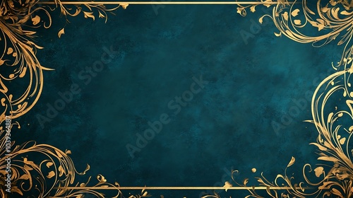 Holiday invitation template with intricate golden borders and swirled designs on a dark teal background