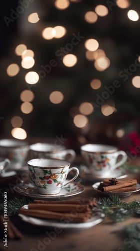 An empty scene featuring cinnamon sticks and holiday-themed teacups arranged on a cozy kitchen table, creating an ideal product mockup space, 