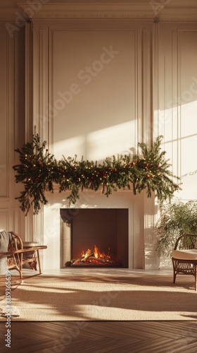 An empty scene featuring cinnamon-scented holiday garland hung above a fireplace in a cozy living room, creating an ideal product mockup space-