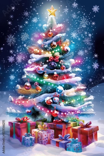 Playful Christmas illustration of a decorated tree with gifts, snowflakes, cheerful colors, vector design.