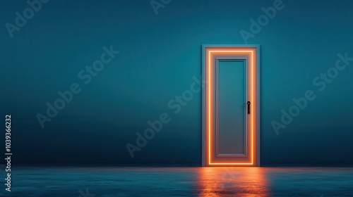 Illuminated door standing against a dark wall, inviting entrance with a modern touch.