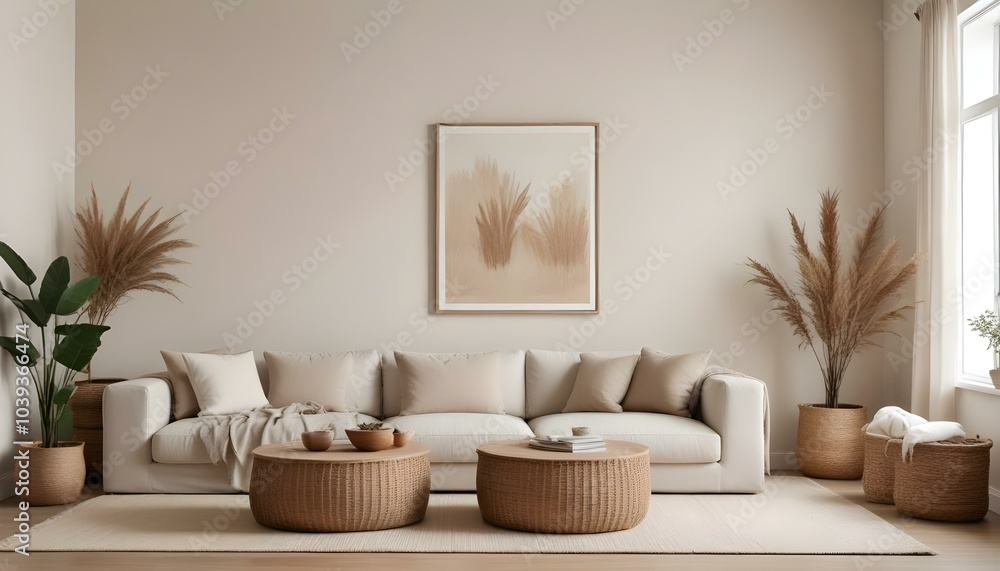 A minimalist living room with a beige sofa, a wooden coffee table, and a large framed mirror on the wall. A minimalist living room with a beige sofa, a wooden coffee table, and a large framed mirror on the wall.