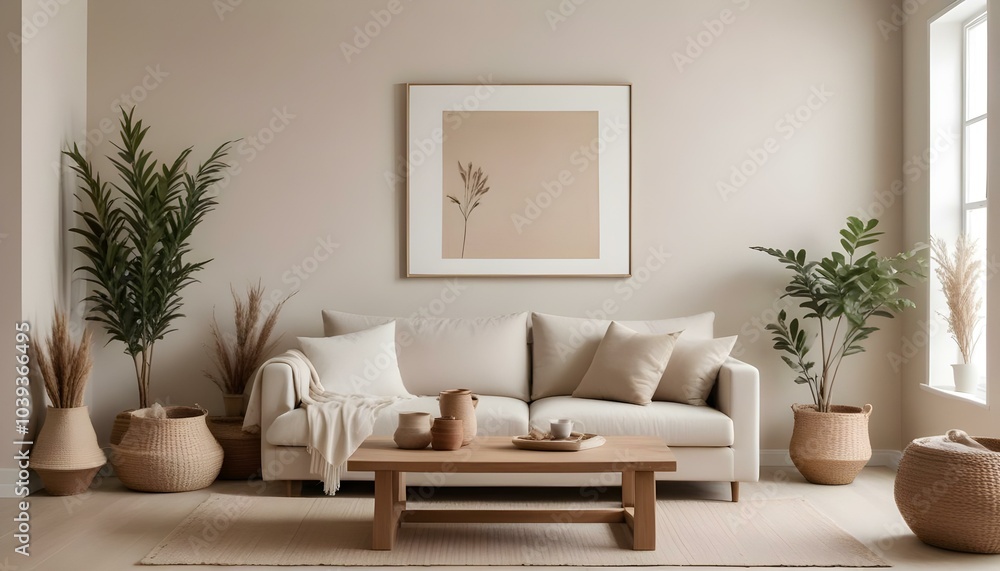 A minimalist living room with a beige sofa, a wooden coffee table, and a large framed mirror on the wall. A minimalist living room with a beige sofa, a wooden coffee table, and a large framed mirror on the wall.