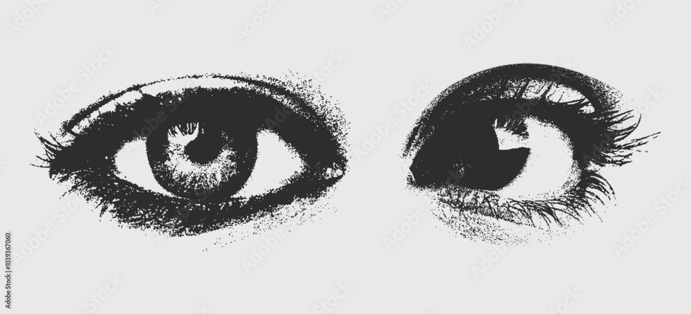 Fototapeta premium Eyes in scream for grunge punk y2k collage design, with a halftone stipple effect