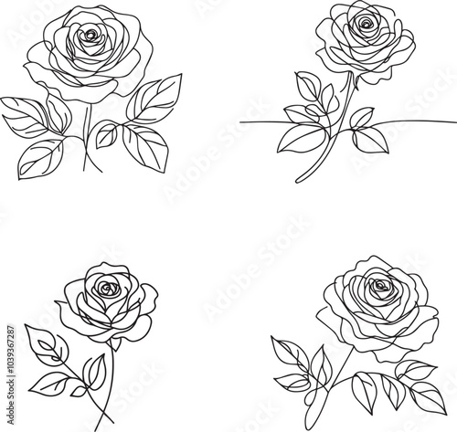 set of roses  one line art vector illustration