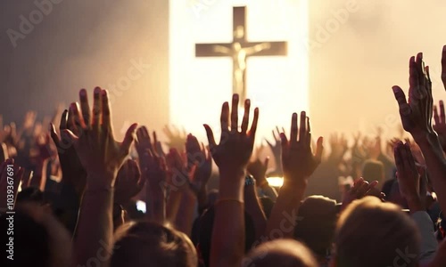 Crowd of people raising hands towards a large illuminated cross in the background.