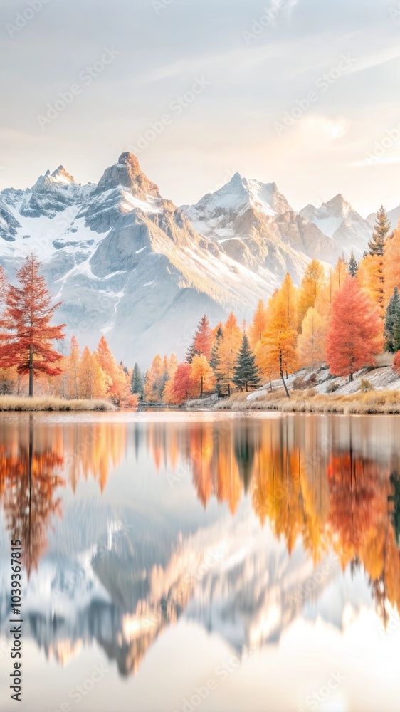 Obraz premium Stunning Autumn Reflection on Mountain Lake with Snowy Peaks