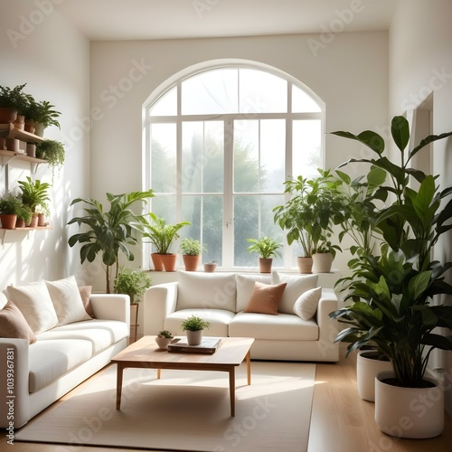 This cozy and minimalist living room has a large window that allows natural light to stream in and cast shadows of plants onto the wall.