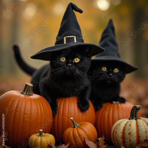 black cats in witch hats and pumpkins on autumn background for halloween