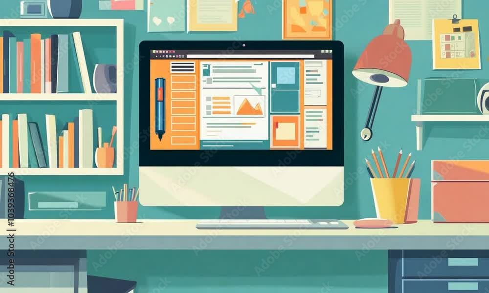 A simple cartoon illustration of a clean and organized workspace with a computer, desk, pencils, a keyboard, and a lamp. A simple cartoon illustration of a clean and organized workspace with a computer, desk, pencils, a keyboard, and a lamp.