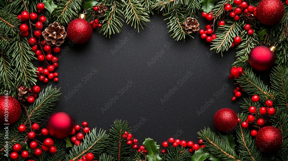 A festive arrangement of red ornaments, pine branches, and berries surrounding a blank black space, ideal for holiday-themed messages or invitations. A festive arrangement of red ornaments, pine branches, and berries surrounding a blank black space, ideal for holiday-themed messages or invitations.