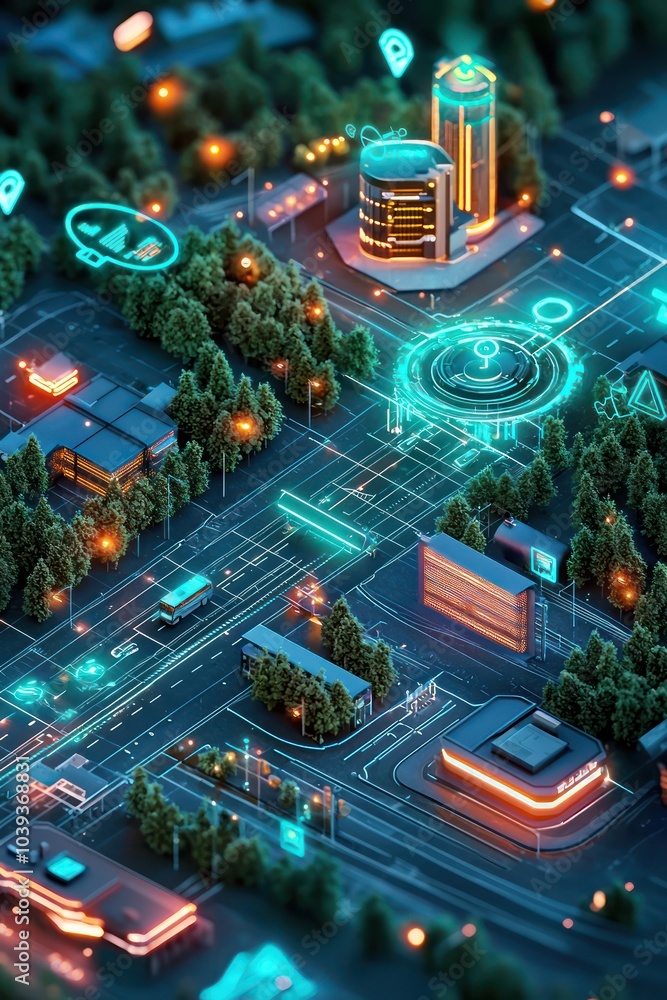 Obraz premium Advanced features of a smart city's surveillance system shown in 3D interface.