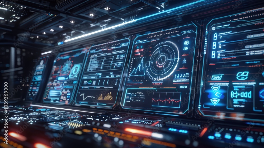 Futuristic Control Panel with Data Readouts and Graphs Futuristic Control Panel with Data Readouts and Graphs
