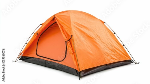 A compact and lightweight camping tent in a vibrant orange color isolated on a white background with a deep depth of field perfect for outdoor adventures and escapes into nature