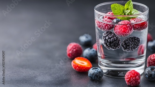 A Refreshing Glass of Water with Bubbly Berries and Mint Leaves on a Dark Table Surface. Stress Management Concept photo