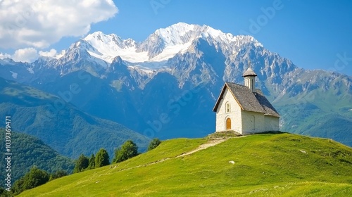 A scenic mountain landscape featuring a quaint cottage on a green hill with snow-capped peaks in the background under a blue sky.