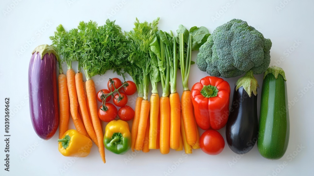 A colorful arrangement of fresh vegetables on a white surface. A colorful arrangement of fresh vegetables on a white surface.