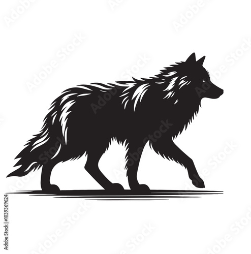 Silhouette of a wolf walking on a white background.