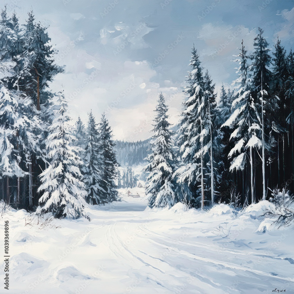 Obraz premium Landscape with snowy pine forest