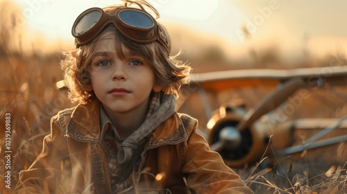 The boy dreams of becoming a pilot. The boy in front of the plane in the field photo