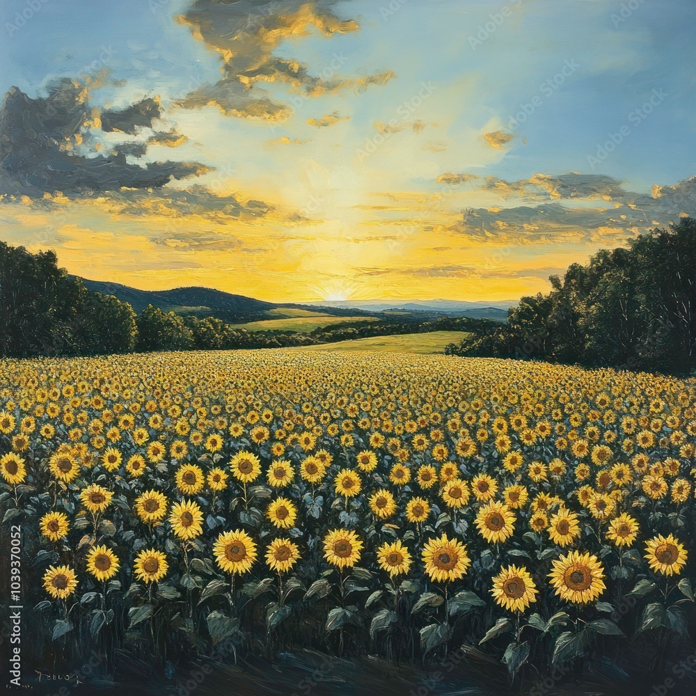 Fototapeta premium Landscape with sunflower field at dusk