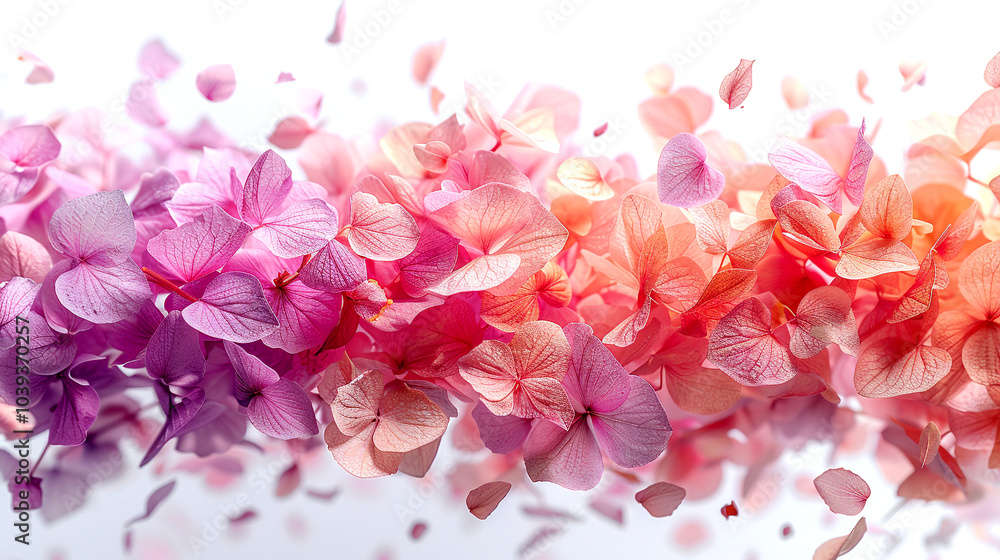 Fototapeta premium A vibrant cascade of colorful petals falling in harmony across a soft white backdrop
