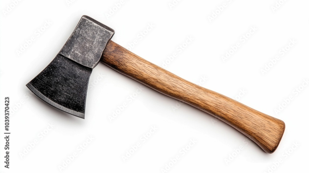 Camping hatchet with a sharp carbon steel blade and sturdy wooden handle isolated on a clean white background with deep depth of field Rustic and rugged outdoor equipment for survival forestry Camping hatchet with a sharp carbon steel blade and sturdy wooden handle isolated on a clean white background with deep depth of field Rustic and rugged outdoor equipment for survival forestry